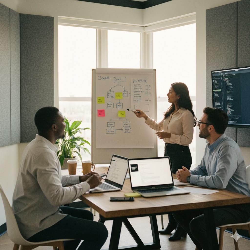 Team collaborating with AI